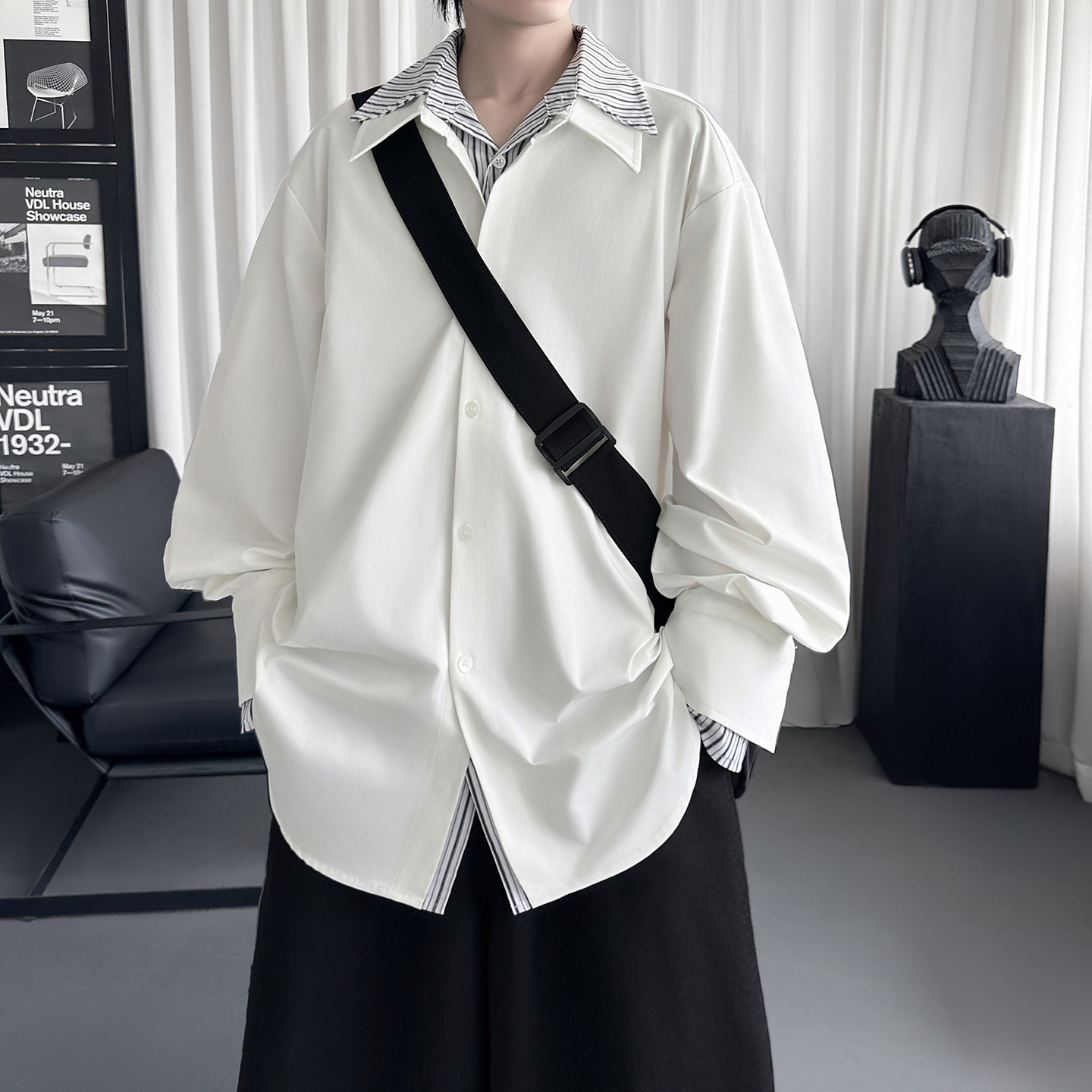 设计感假两件拼接衬衫男 夏季宽松痞帅情侣衬衣外套潮 SA531-P68图片
