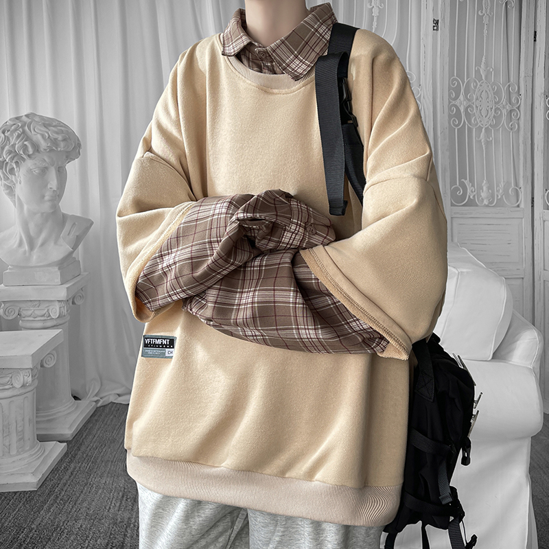 格子衬衫领拼接春秋不起球卫衣学生长袖假两件韩版百搭复古宽松，男装卫衣，星座1017