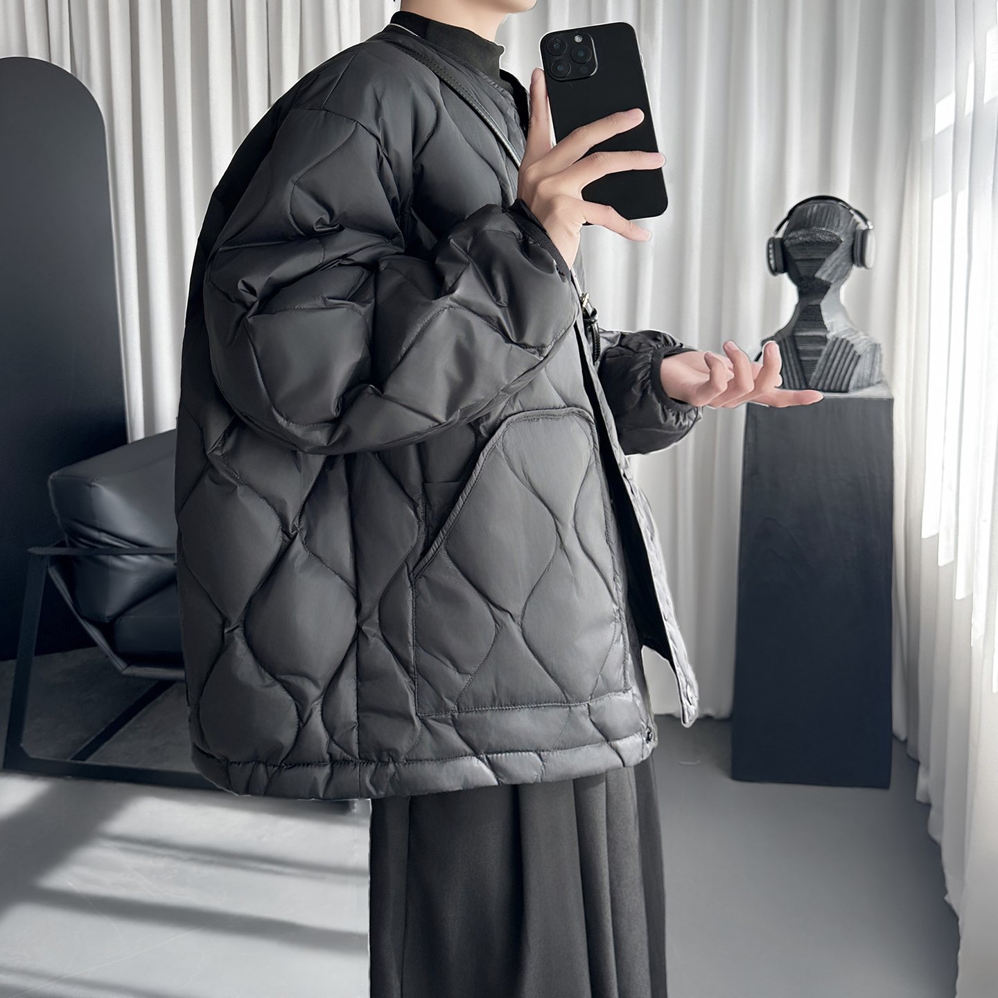 菱形格纯色无领轻薄显瘦保暖排骨棉服外套 W7127-P138