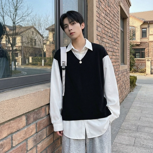 现货假两件长袖衬衫宽松衬衣港风休闲百搭上衣 GK25-P58，男装衬衫，星座1017