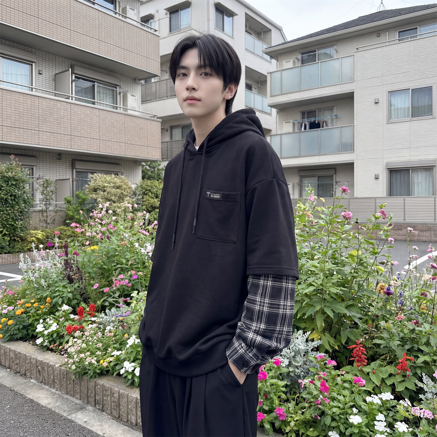 现货春季连帽卫衣男潮牌ins假两件拼接格子慵懒风W8212-P68,男装卫衣,星座1017