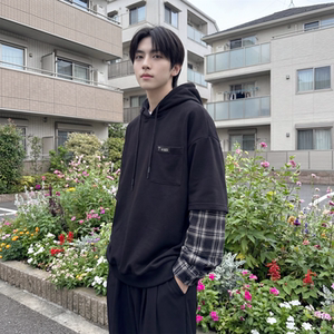 现货 春季连帽卫衣男潮牌ins假两件拼接格子慵懒风 W8212-P68图片