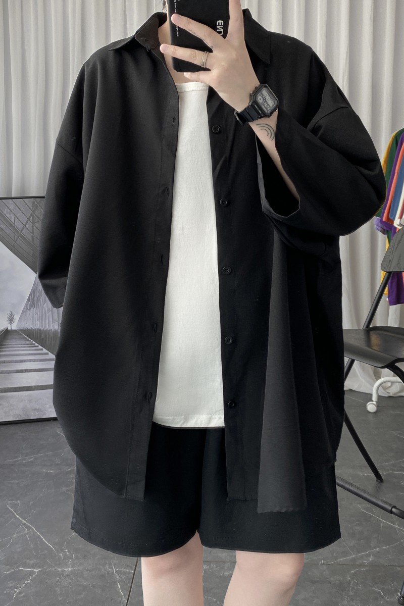 黑色冰丝衬衫男士短袖夏季薄款2025港风宽松垂坠感七分袖衬衣外套,男装衬衫,星座1017