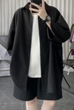 黑色冰丝衬衫男士短袖夏季薄款2025港风宽松垂坠感七分袖衬衣外套，男装衬衫，星座1017