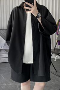 黑色冰丝衬衫男士短袖夏季薄款2025港风宽松垂坠感七分袖衬衣外套图片