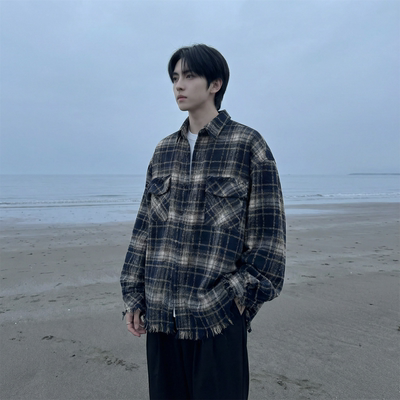 现货 2026春复古美式格子长袖衬衫毛边宽松衬衣 SC245-P58