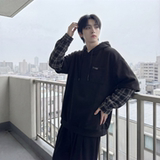 现货春季连帽卫衣男潮牌ins假两件拼接格子慵懒风W8212-P68，男装卫衣，星座1017