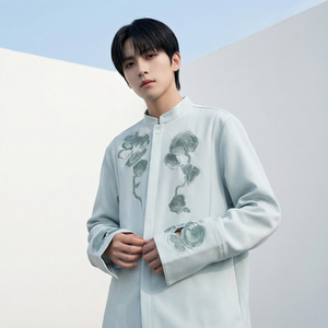 现货春款风灵芝刺绣宽松休闲立领长袖青灰色衬衣 SA783-P88，男装衬衫，星座1017