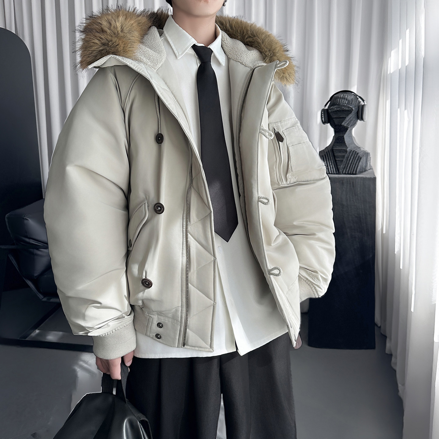 户外防风仿毛领短款宽松工装棉服男M1103-P148,男装棉衣,星座1017