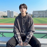 现货春季连帽卫衣男潮牌ins假两件拼接格子慵懒风W8212-P68，男装卫衣，星座1017