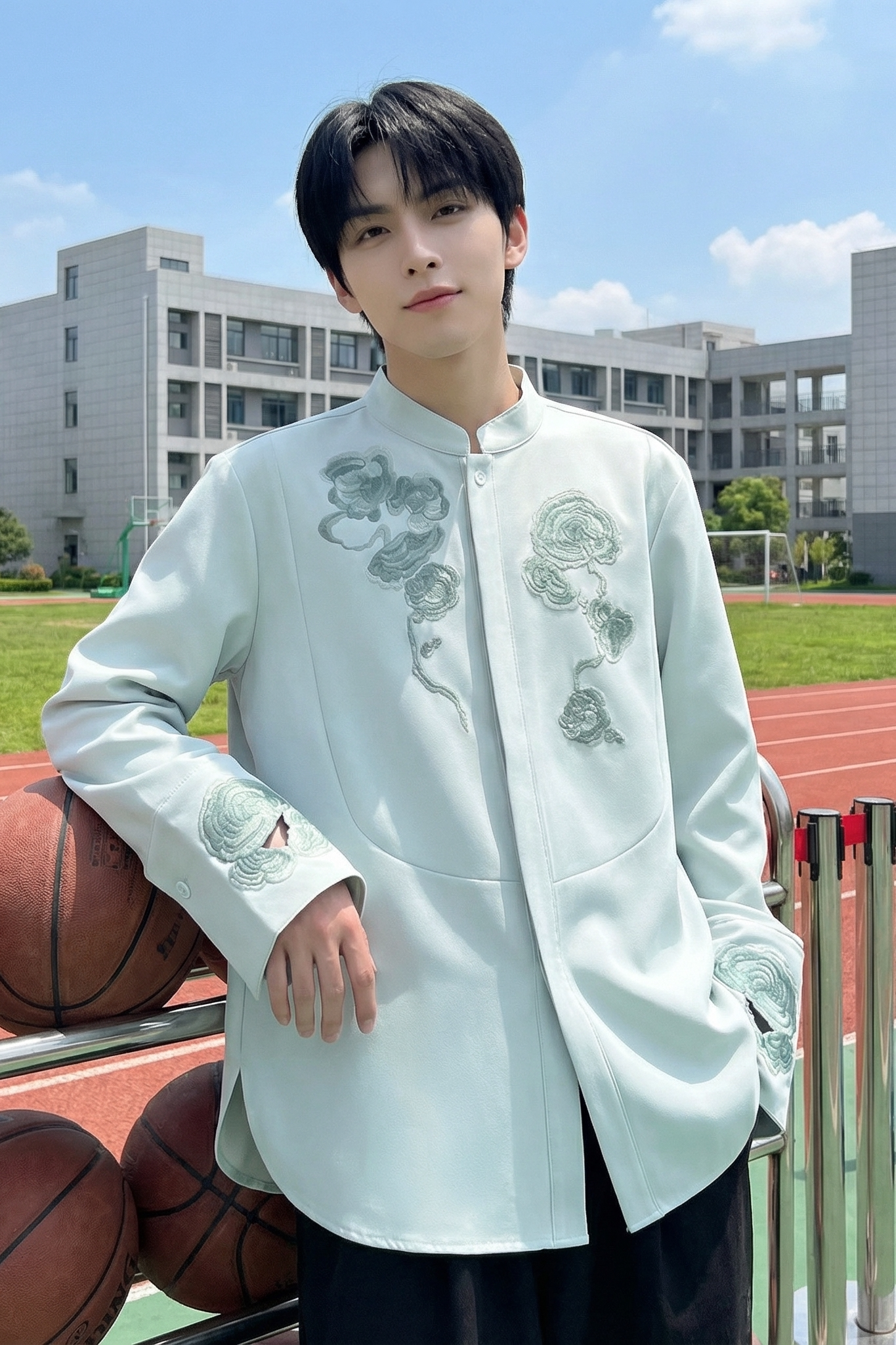 现货春款风灵芝刺绣宽松休闲立领长袖青灰色衬衣SA783-P88,男装衬衫,星座1017