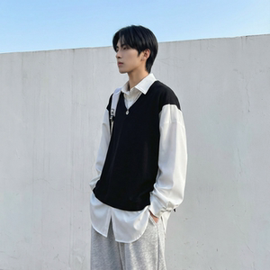 现货假两件长袖衬衫宽松衬衣港风休闲百搭上衣 GK25-P58，男装衬衫，星座1017