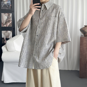 肌理泡泡纱粉色格子短袖衬衫夏季男女格纹上衣 S2053-P48图片