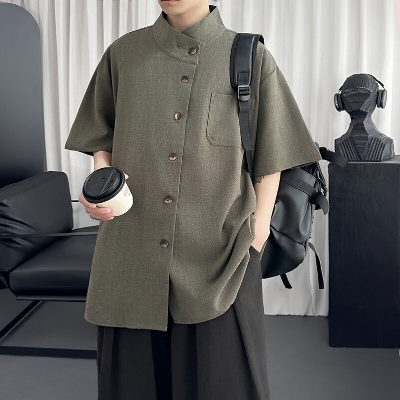 设计感复古斜门襟短袖衬衫交叉小立领宽松休闲上衣D926-P78,男装衬衫,星座1017