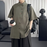 设计感复古斜门襟短袖衬衫交叉小立领宽松休闲上衣D926-P78，男装衬衫，星座1017