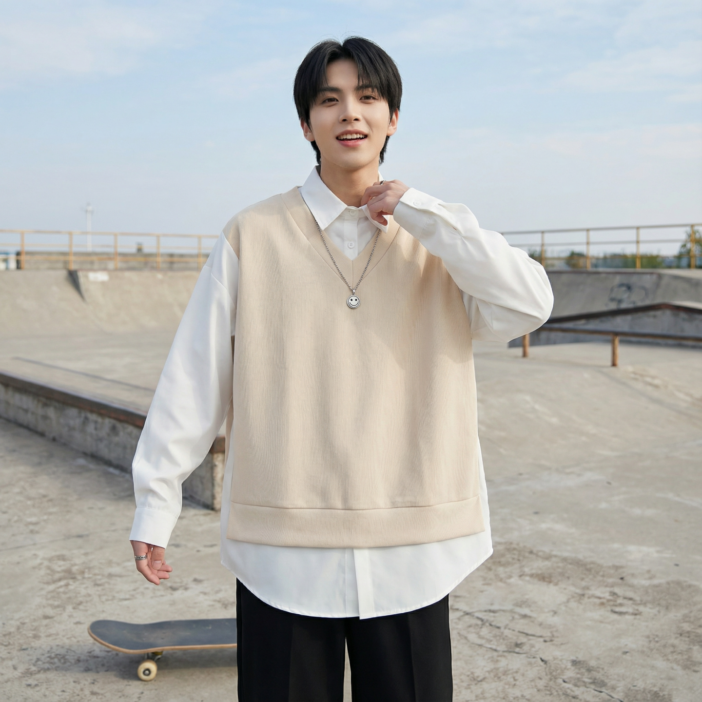 现货假两件长袖衬衫宽松衬衣港风休闲百搭上衣GK25-P58，男装衬衫，星座1017