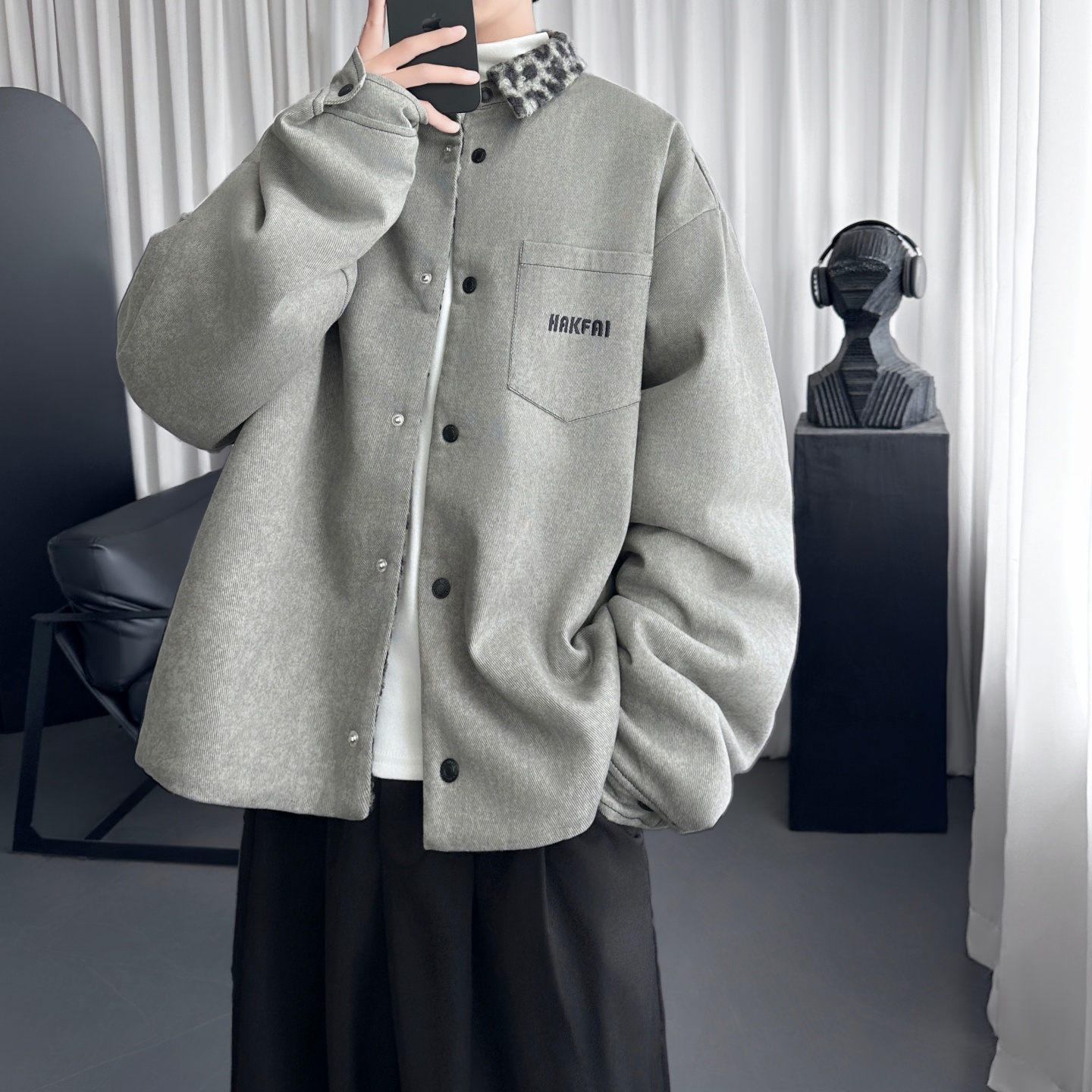 秋冬复古水泥灰色豹纹呢料拼接保暖夹克外套男 W0803-P138