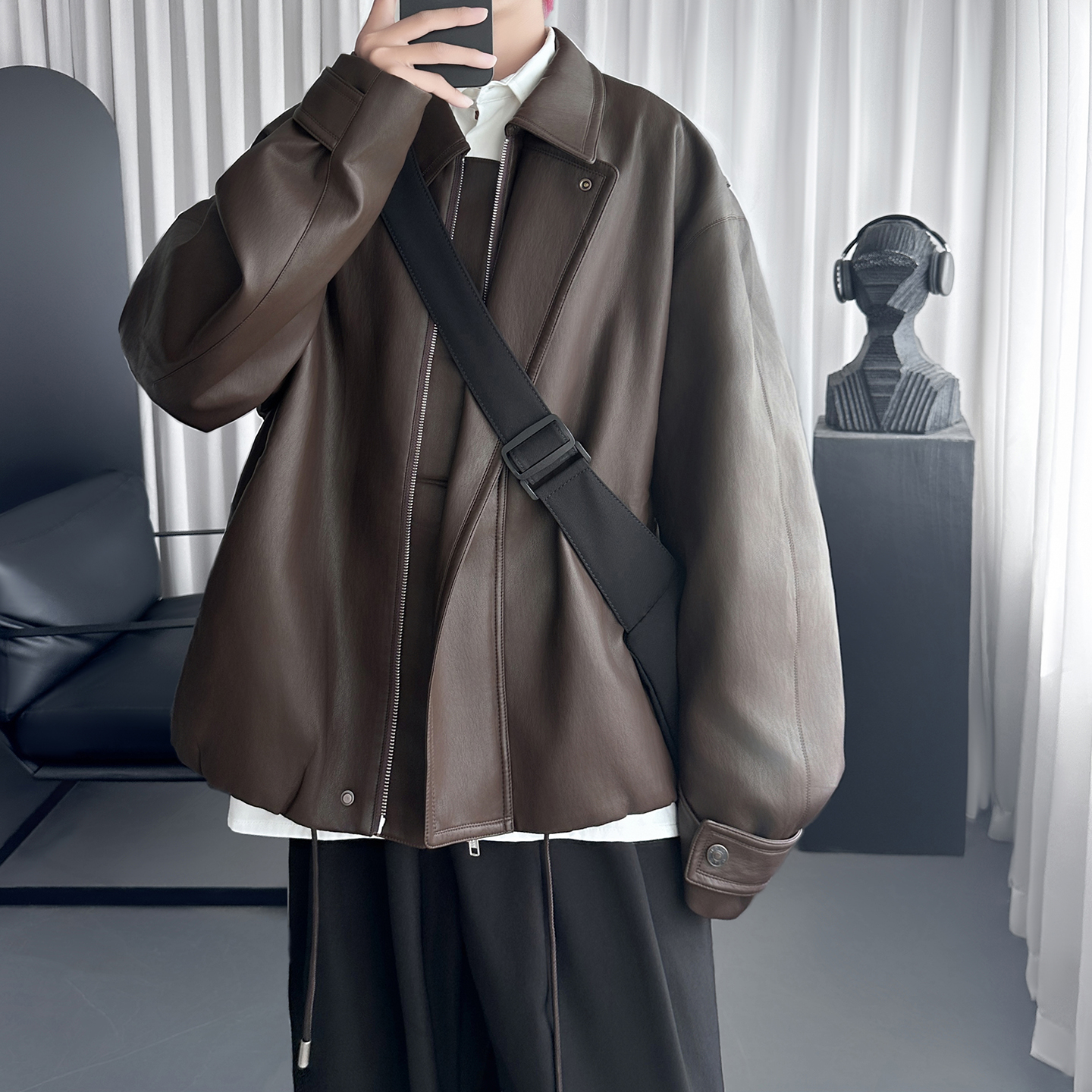 复古深巧柔鞣翻领风琴褶宽松时尚休闲皮衣夹克外套R1027-P128,男装夹克,星座1017 复古深巧柔鞣翻领风琴褶宽松时尚休闲皮衣夹克外套R1027-P128,男装夹克,星座1017