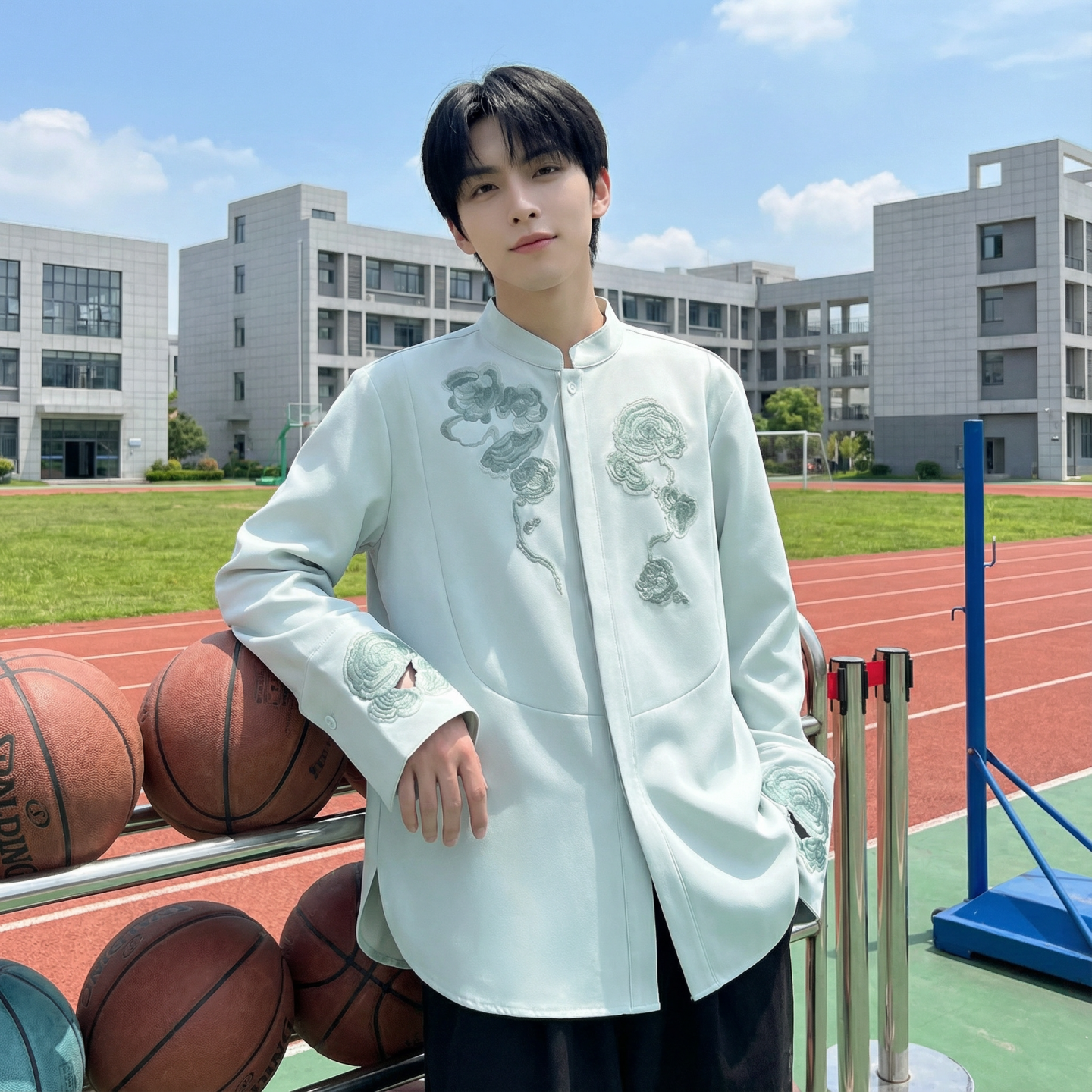 现货春款风灵芝刺绣宽松休闲立领长袖青灰色衬衣SA783-P88，男装衬衫，星座1017