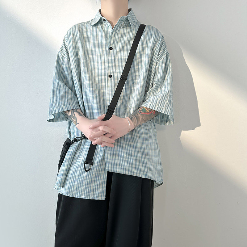2023格子衬衫男高级感短袖休闲宽松衬衣1017-CC113-P38,男装衬衫,星座1017