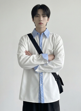 现货 高级感小众设计拼接衬衫男痞帅纯色宽松潮流衬衣 S1858-P68