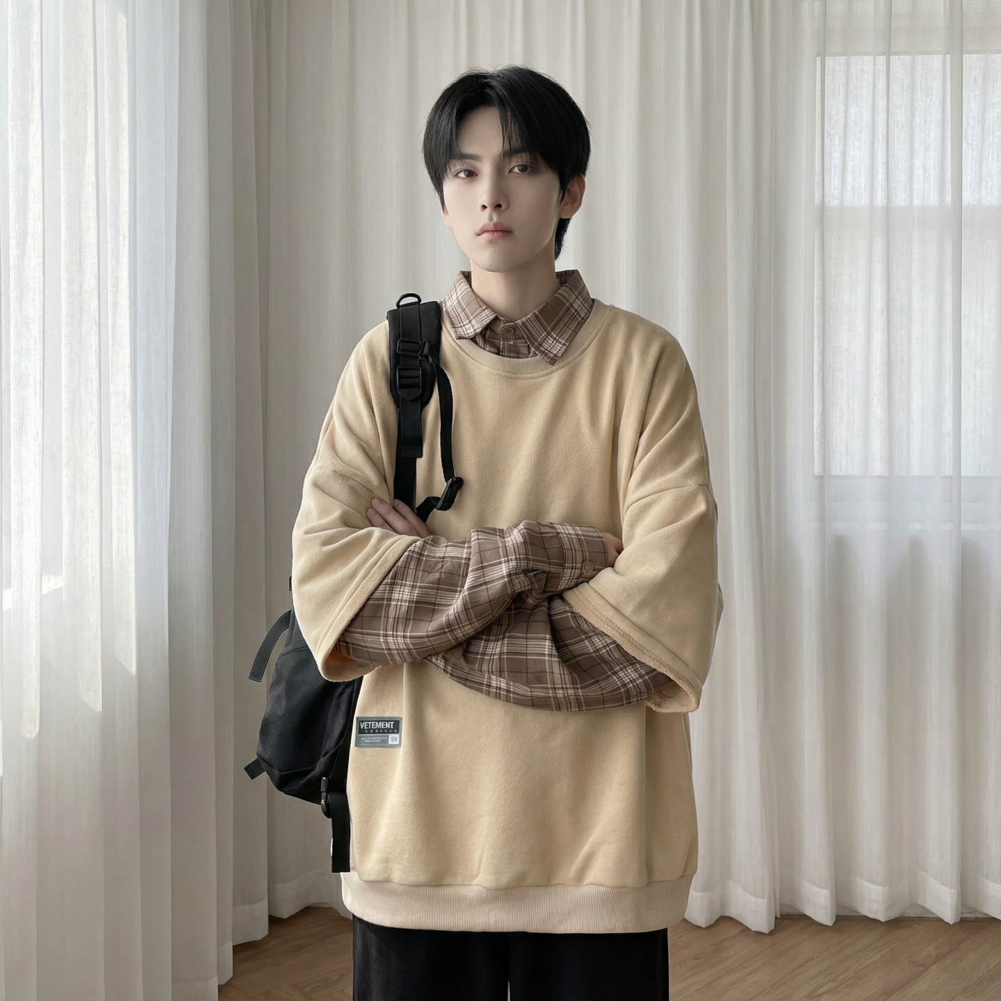 现货2026春款假两件卫衣衬衫领复古vibe格子美式外套A5613-P65，男装衬衫，星座1017