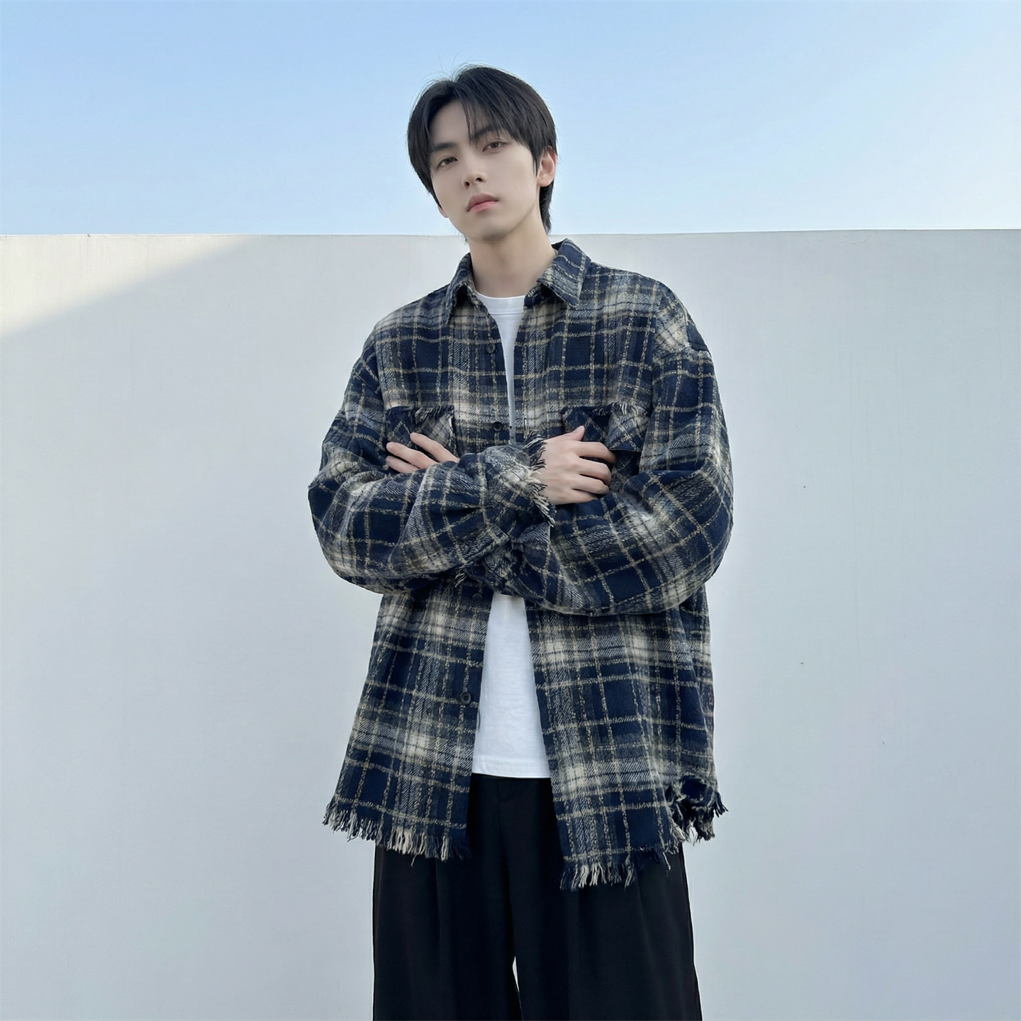 现货2026春复古美式格子长袖衬衫毛边宽松衬衣SC245-P58,男装衬衫,星座1017