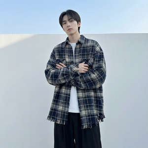 现货2026春复古美式格子长袖衬衫毛边宽松衬衣SC245-P58