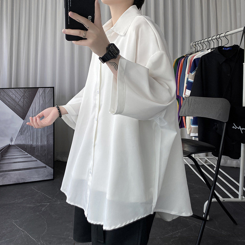 黑色冰丝衬衫男士短袖夏季薄款2025港风宽松垂坠感七分袖衬衣外套,男装衬衫,星座1017