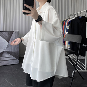 黑色冰丝衬衫男士短袖夏季薄款2025港风宽松垂坠感七分袖衬衣外套图片