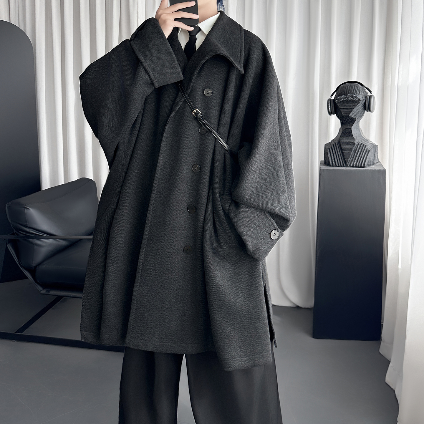 黑色宽松中长款外套高领斗篷开叉大衣F9135-P138，女装短外套，星座1017