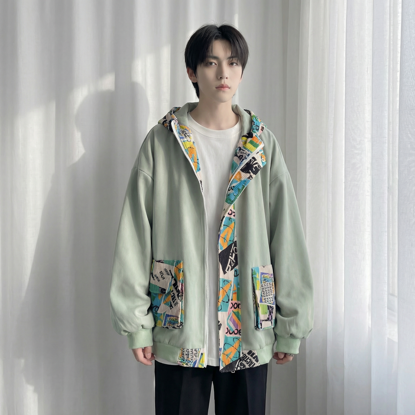 现货春款潮流涂鸦拼接夹克开衫连帽外套WT23-P75控96,男装夹克,星座1017