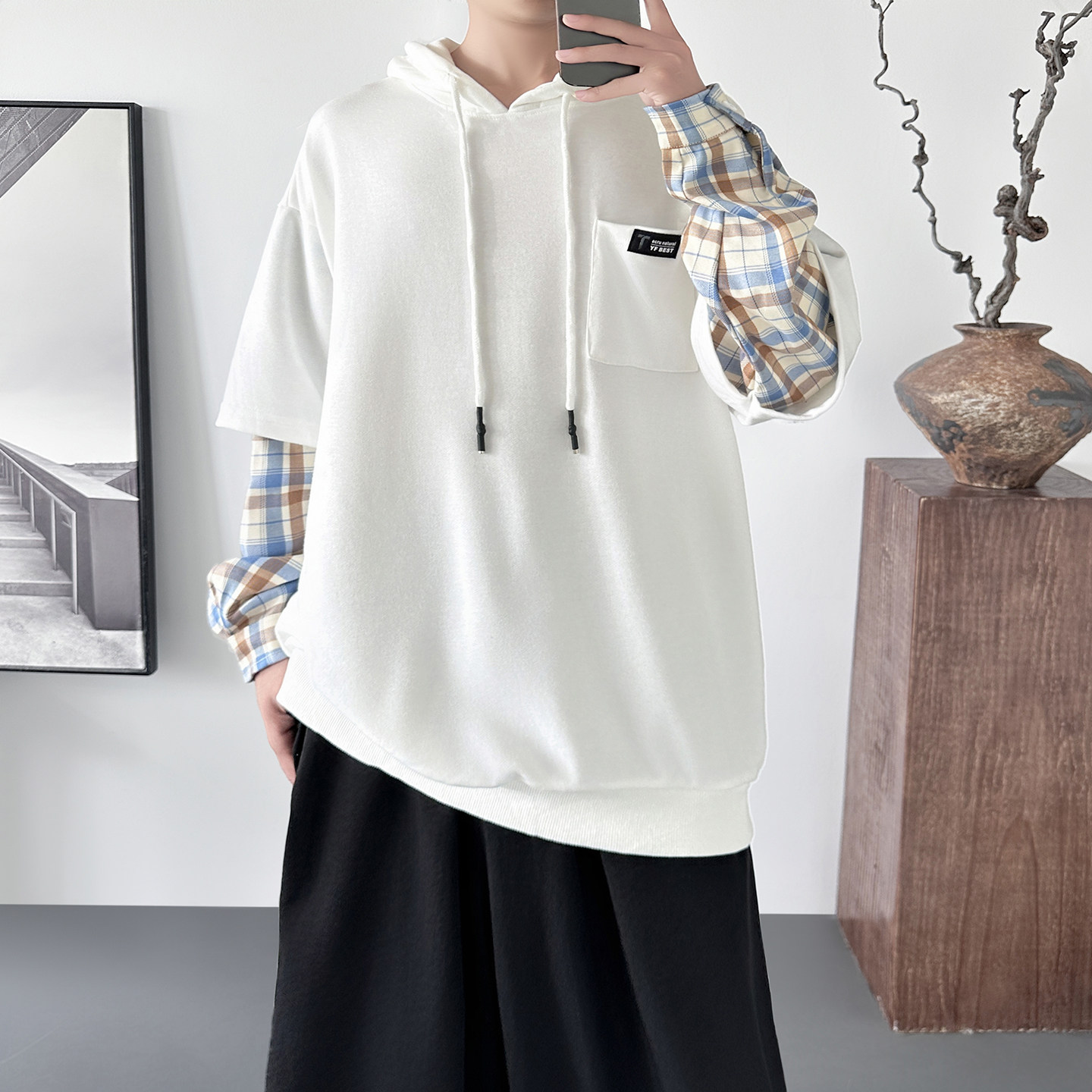 现货连帽卫衣男潮牌ins假两件拼接格子慵懒风Y8212-P68，男装卫衣，星座1017