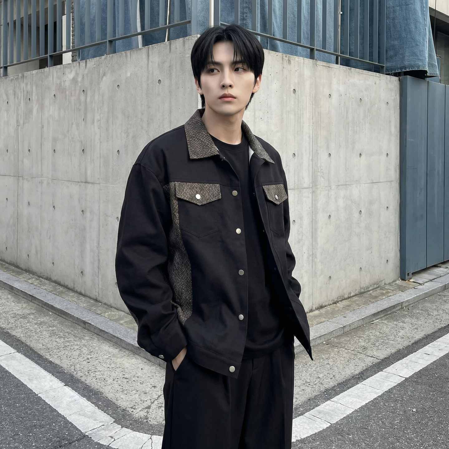 现货2026春季痞帅拼接设计感翻领夹克高级感潮流外套J46-P75，男装夹克，星座1017