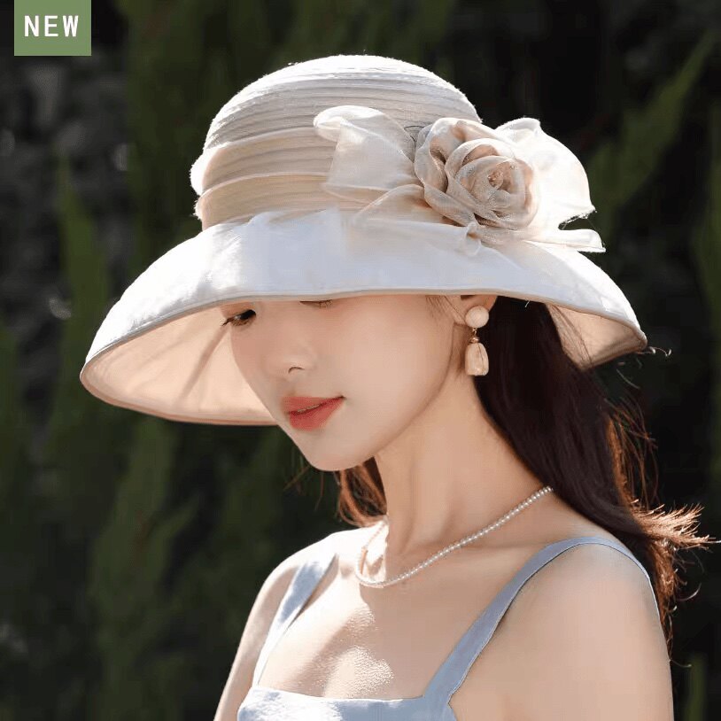 法式帽子女名媛英伦夏天太阳帽复古蕾丝花朵盆帽网纱遮阳帽渔夫帽
