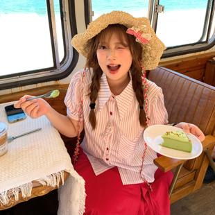 田園風遮陽防曬太陽帽子海邊沙灘帽 蝴蝶結花朵綁帶鏤空草帽女夏季