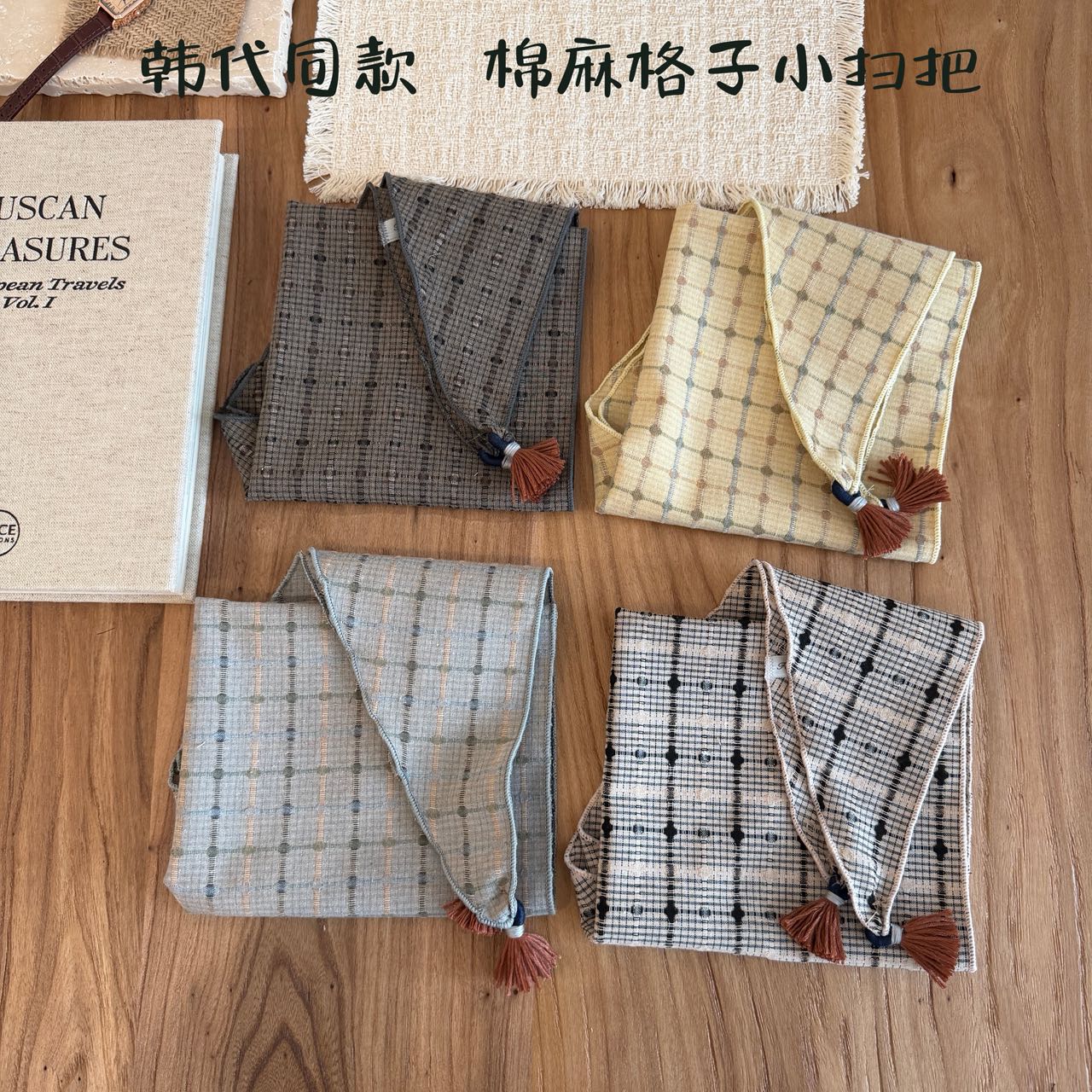 韩版复古格子棉麻小扫把流苏小丝巾男女通用春秋百搭气质围脖慵懒