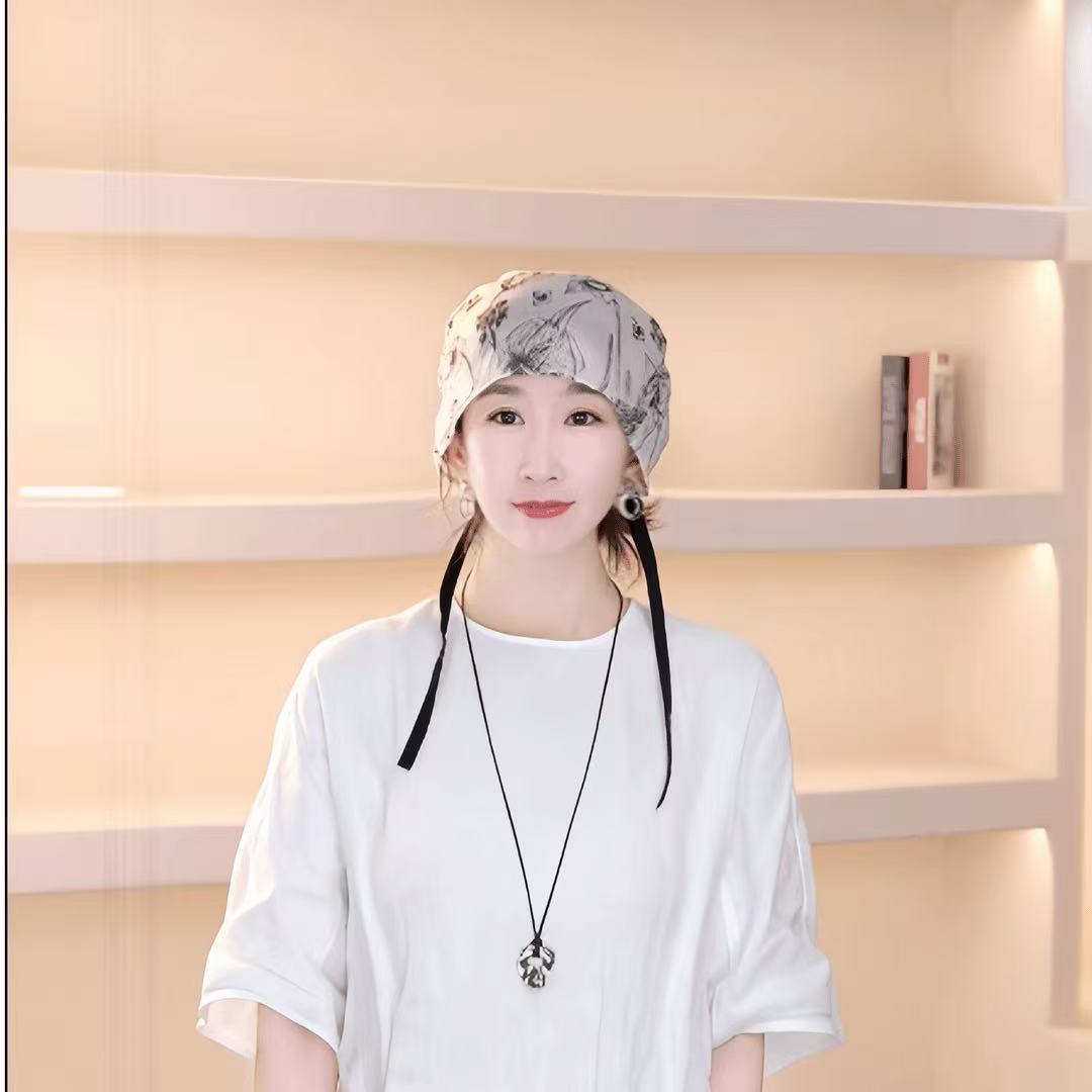 新中式水墨花卉包头帽女轻薄透气后绑带遮发头巾帽复古堆堆帽