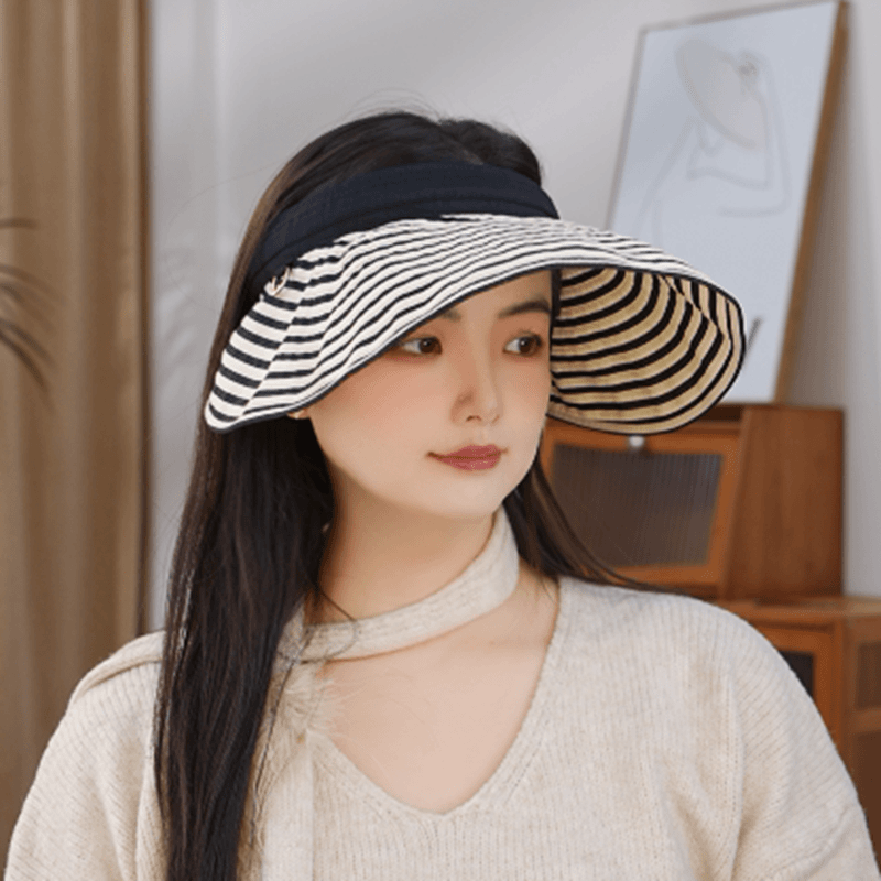 防晒帽子女2025夏季空顶遮阳太阳帽复古黑白条纹可折叠贝壳发箍帽