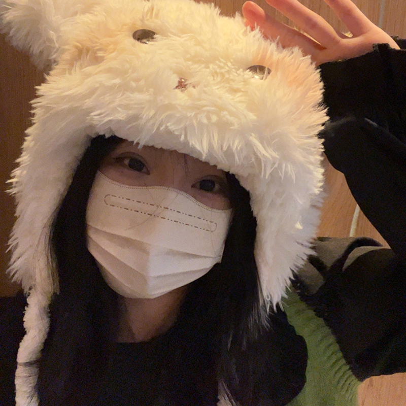 2023秋冬新款卡通系列可爱毛绒绒帽系带小狗加厚保暖毛线帽子女帽