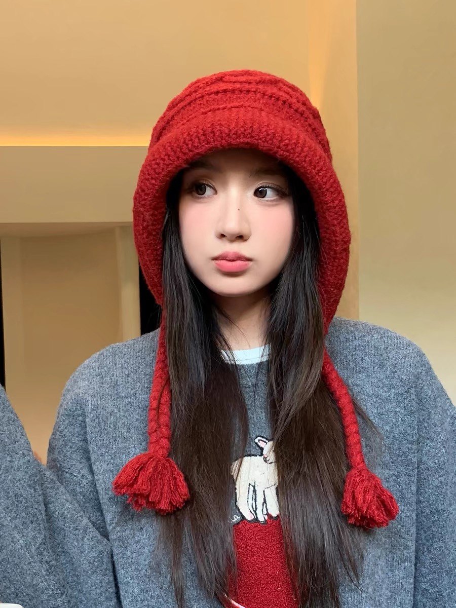 甜美可爱小红帽女秋冬天针织毛线帽系带护耳保暖百搭显脸小包头帽