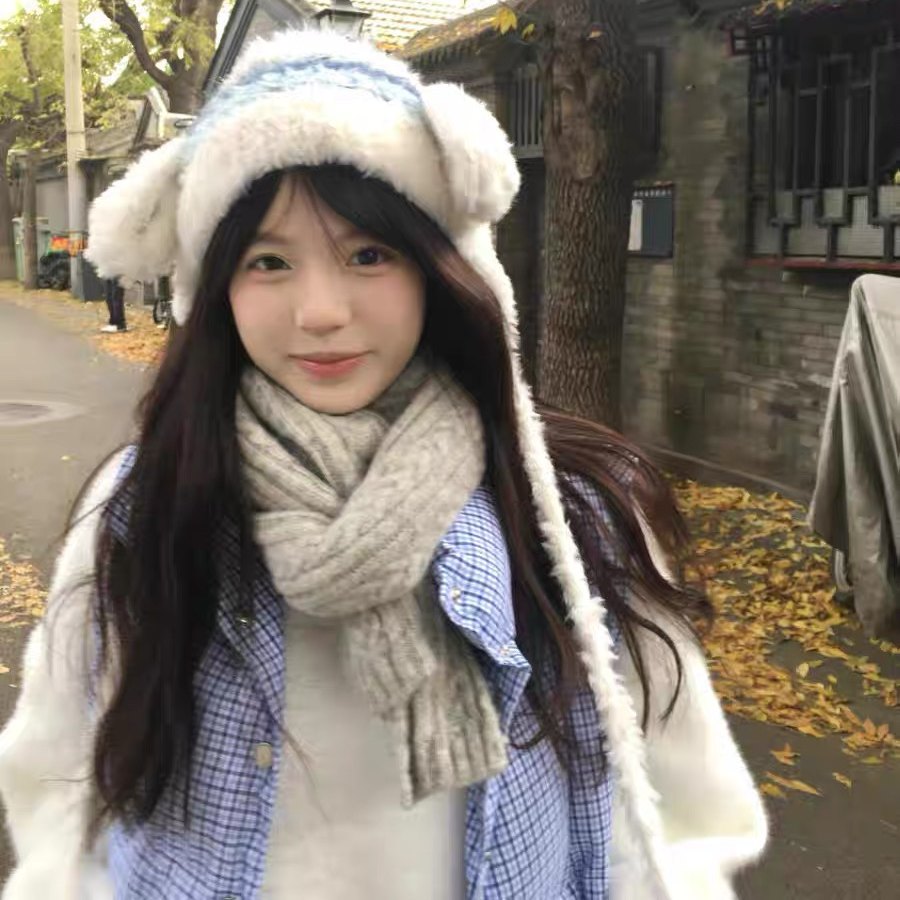 秋冬毛绒绒可爱兔耳帽子毛绒雷锋帽女日常百搭护耳保暖加绒包头帽