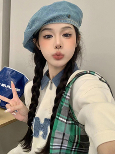 2023初秋新款复古百搭水洗贝雷帽时尚韩版牛仔画家帽日系文艺帽子