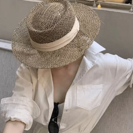 夏季网红防晒帽子女水草平顶遮阳草帽复古镂空大檐沙滩度假礼帽女