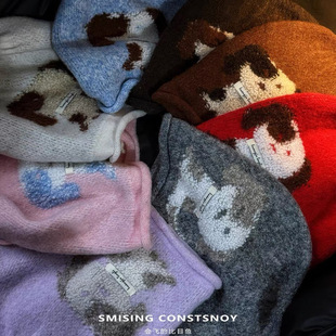 日系可爱卡通小狗针织堆堆帽子女生冬季护耳显脸小大头围套套冷帽