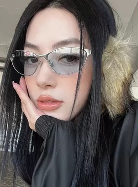 新款y2k辣妹街拍金属猫眼墨镜凹造型美式复古太阳眼镜女防紫外线