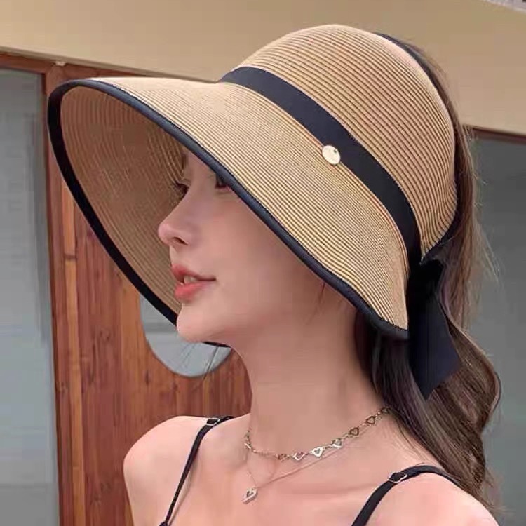 夏季大檐可折叠草帽女2024新款防紫外线出游时尚百搭遮脸空顶帽子