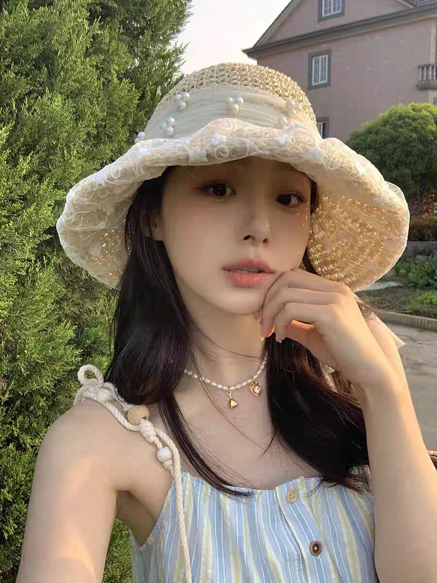 度假拍照ins韩系少女蕾丝系带草帽夏季出游防晒海边遮阳草编帽子