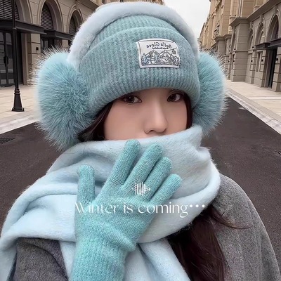 冬季氛围感套装休闲出片~毛绒针织帽女保暖防寒毛球装饰帽子情侣