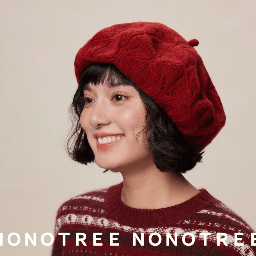 复古针织麻花纹路红色贝雷帽女冬季绞花针织显脸小保暖防寒简约